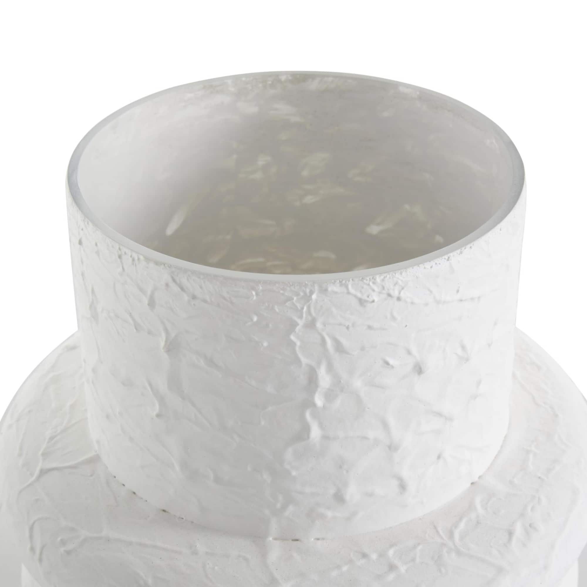White Glass Textured Decorative Vase with Brown Wood Beaded Stripes Set